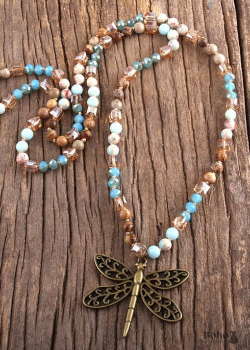 Boho Necklace, RH Amazonite Jasper, Dragonfly Brown Natural Stone